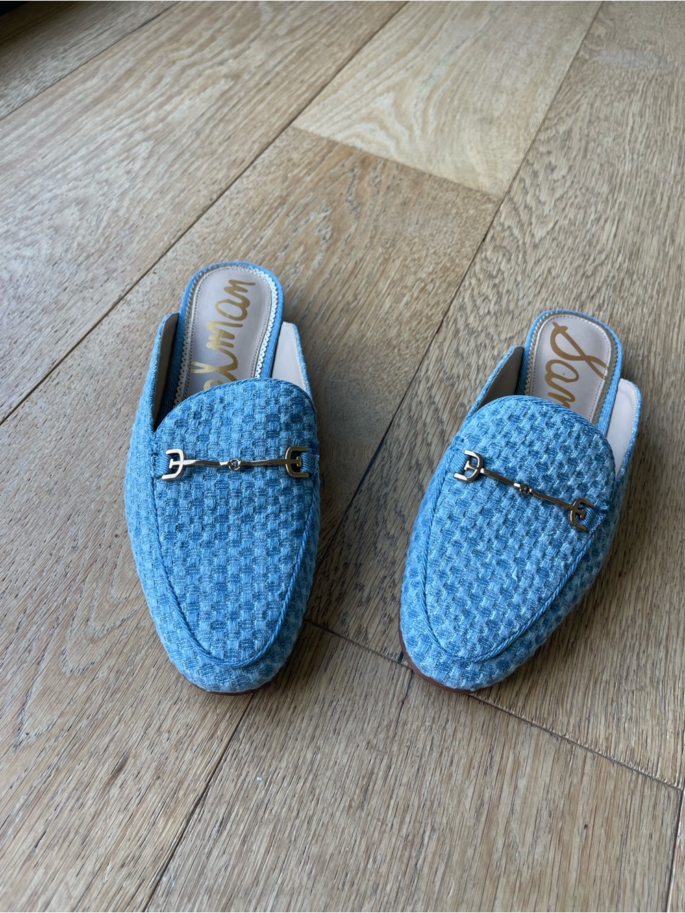 Sam Edelman Light Blue Woven Slip-On Loafers with Gold Bit